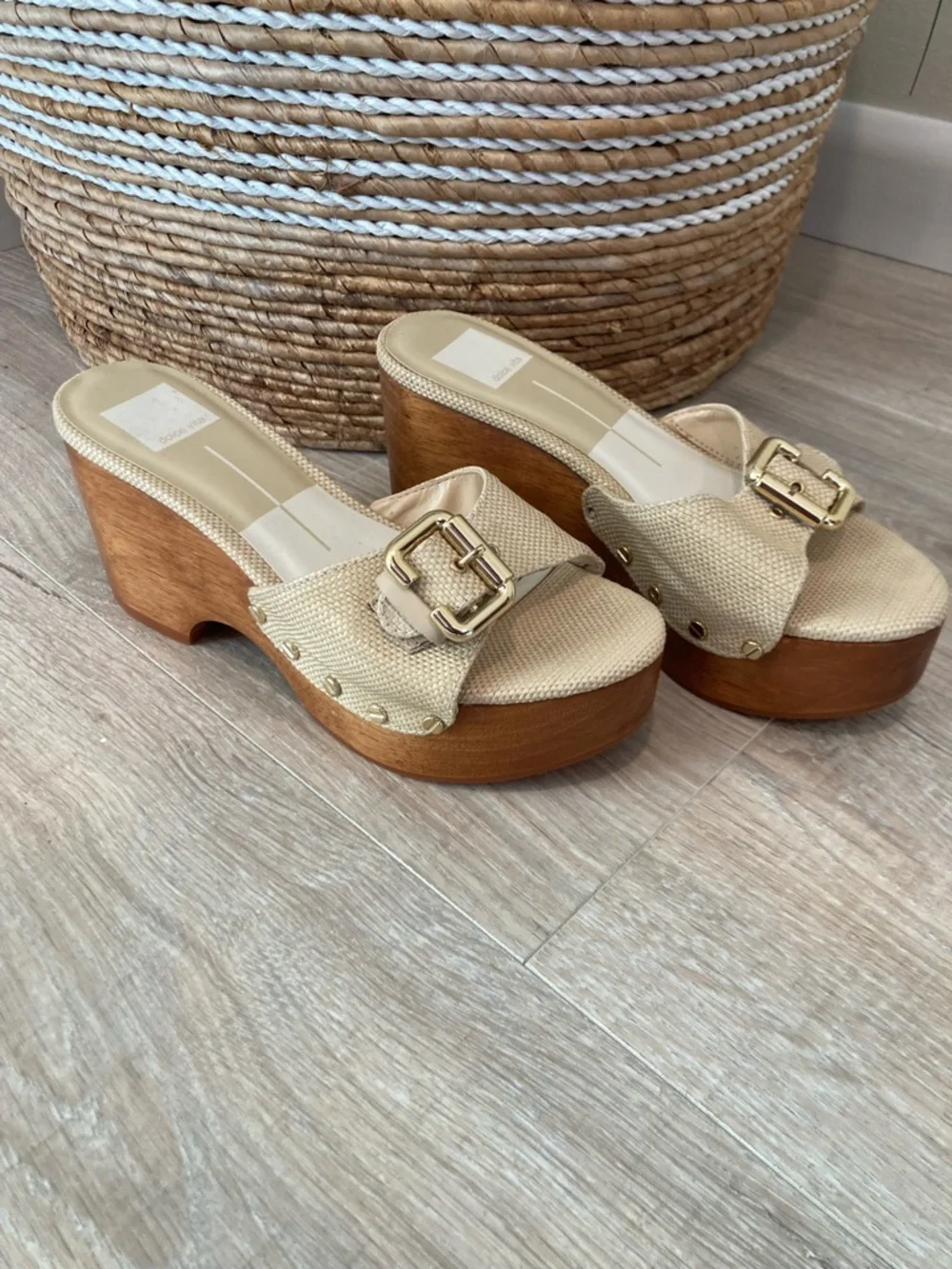 Dolce Vita Cream Platform Slide Sandals with Wood Heel